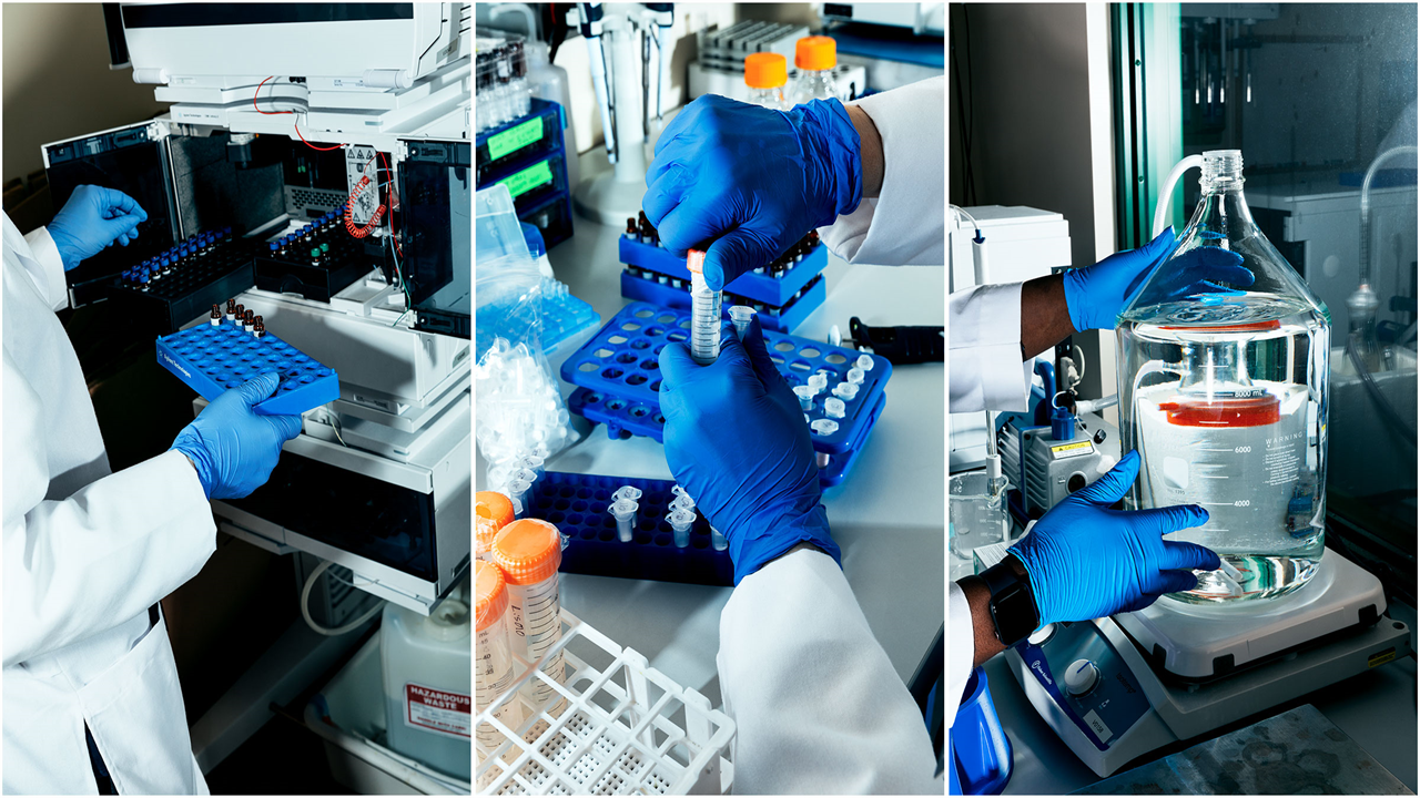 triptych of hands in blue gloves in the Valisure lab