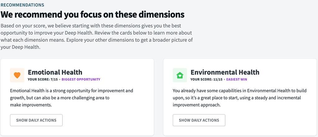 Image shows sample Deep Health recommendations, which in this case are to prioritize emotional and environmental health.